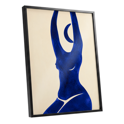 Cobalt in Motion, blue, beige, yellow abstract wall art shown as a black framed poster wall art print