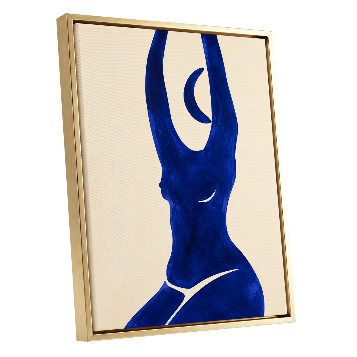 Cobalt in Motion, blue, beige, yellow abstract wall art shown as a gold framed canvas wall art