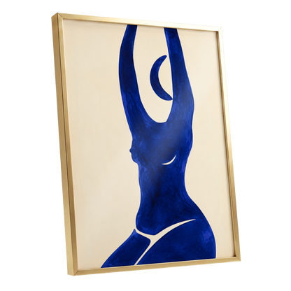 Cobalt in Motion, blue, beige, yellow abstract wall art shown as a gold framed poster wall art print