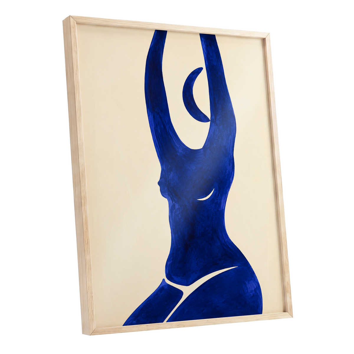 Cobalt in Motion, blue, beige, yellow abstract wall art shown as a oak framed poster wall art print