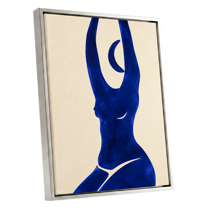 Cobalt in Motion, blue, beige, yellow abstract wall art shown as a silver framed canvas wall art
