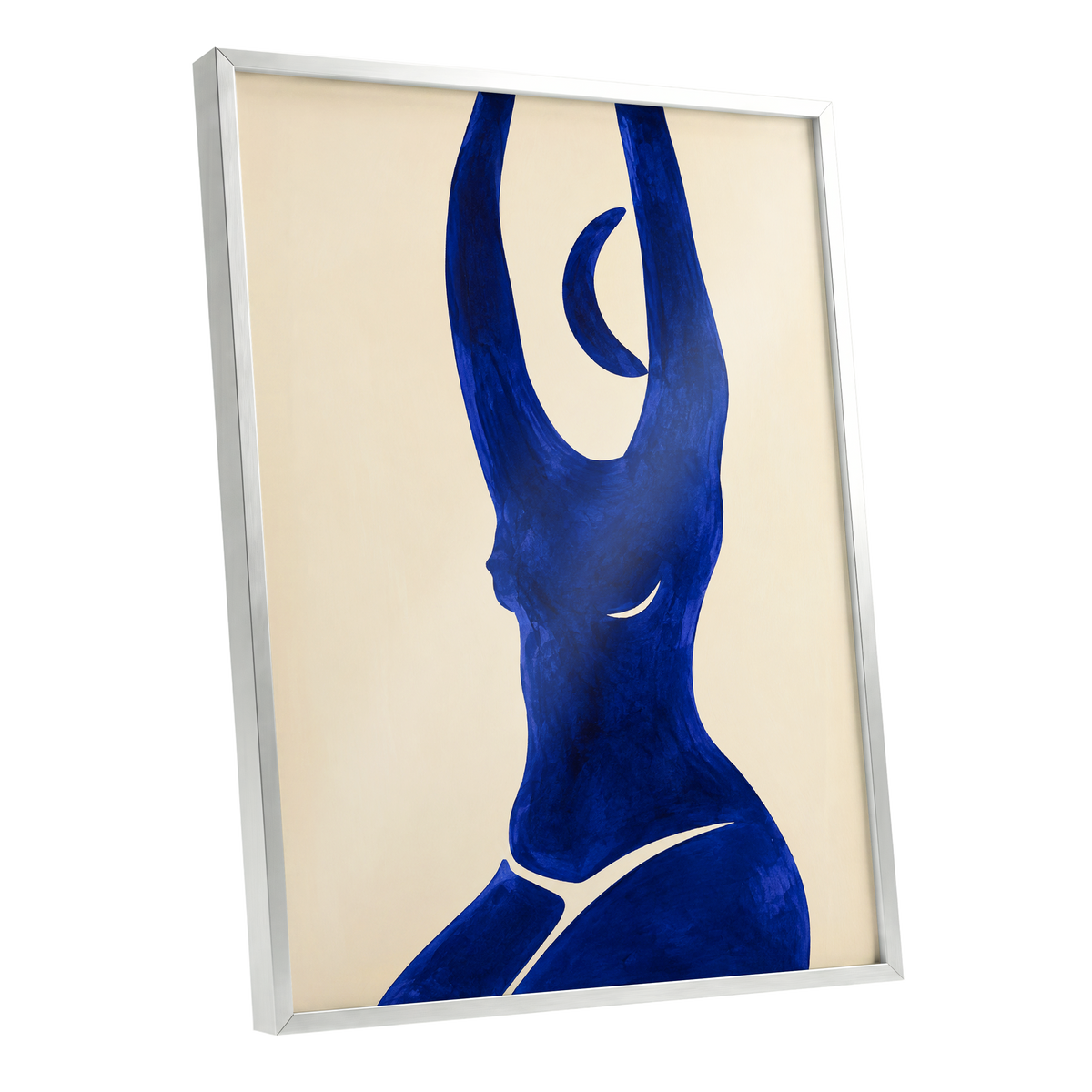 Cobalt in Motion, blue, beige, yellow abstract wall art shown as a silver framed poster wall art print
