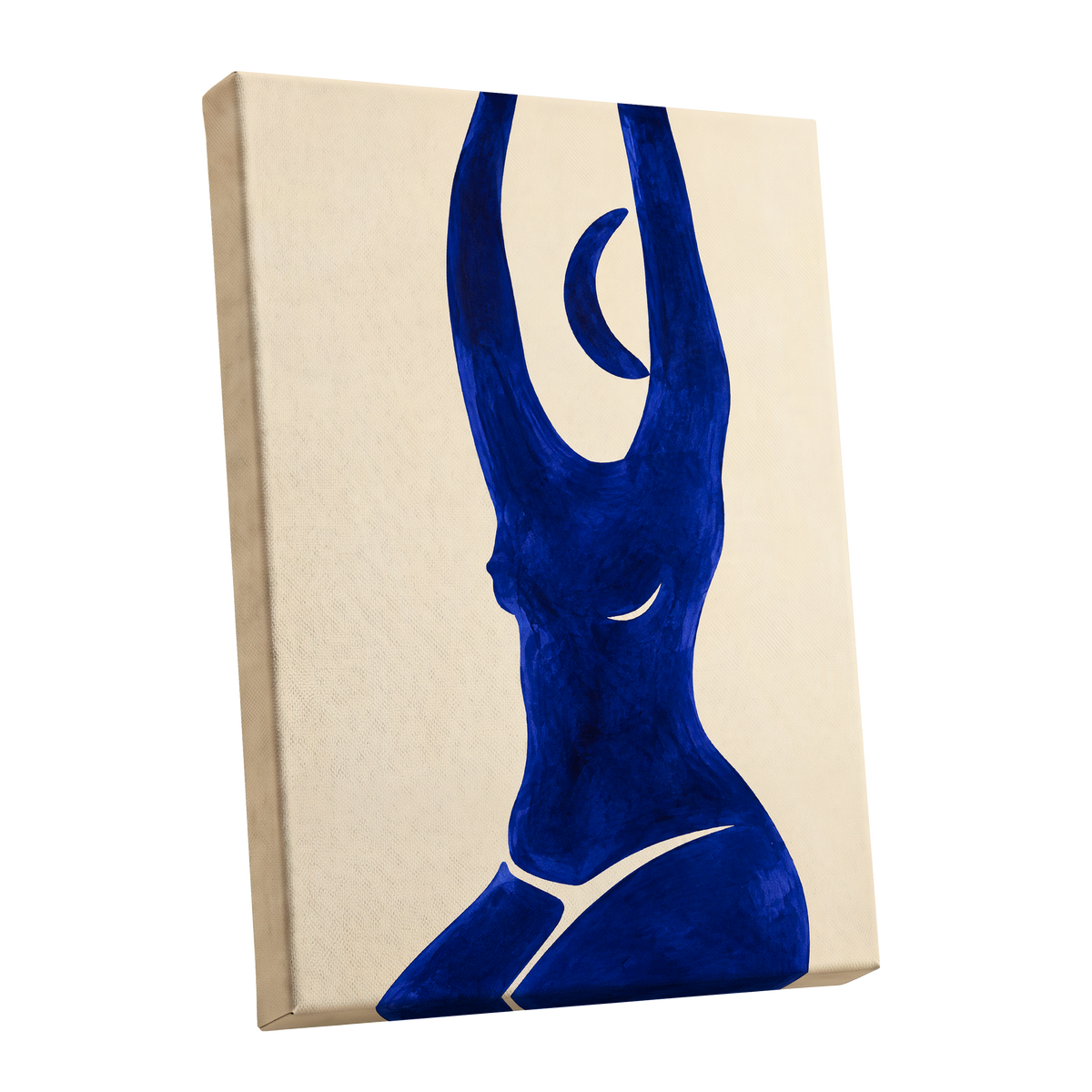 Cobalt in Motion, blue, beige, yellow abstract wall art shown as a stretched canvas wall art