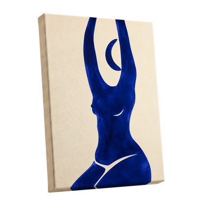 Cobalt in Motion, blue, beige, yellow abstract wall art shown as a stretched canvas wall art