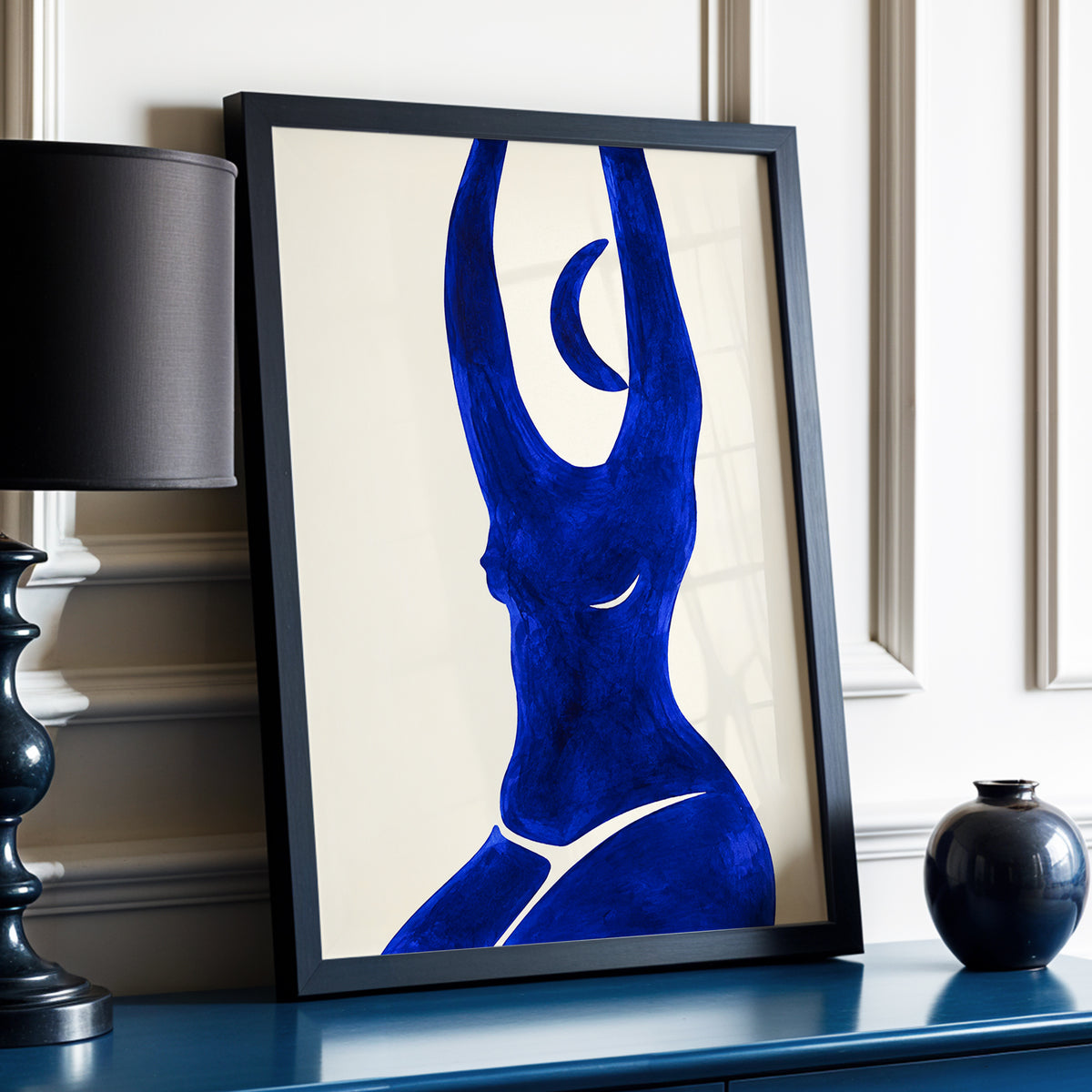 Cobalt in Motion, blue, beige, yellow abstract wall art displayed in a styled interior, gallery view 2
