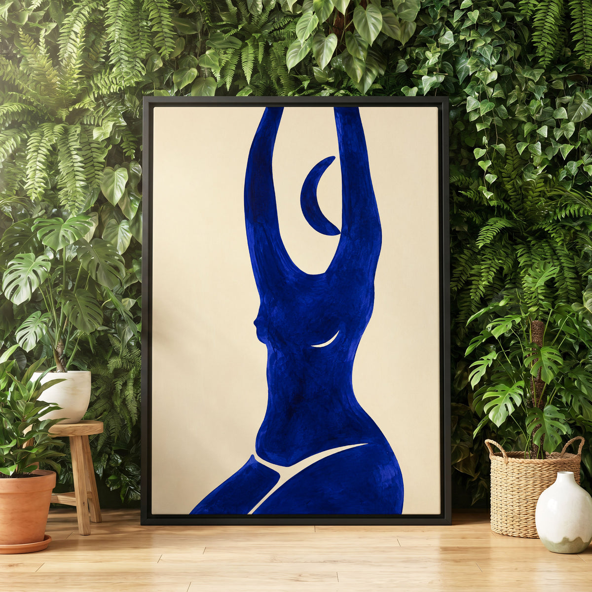 Cobalt in Motion, blue, beige, yellow abstract wall art displayed in a styled interior, gallery view 4