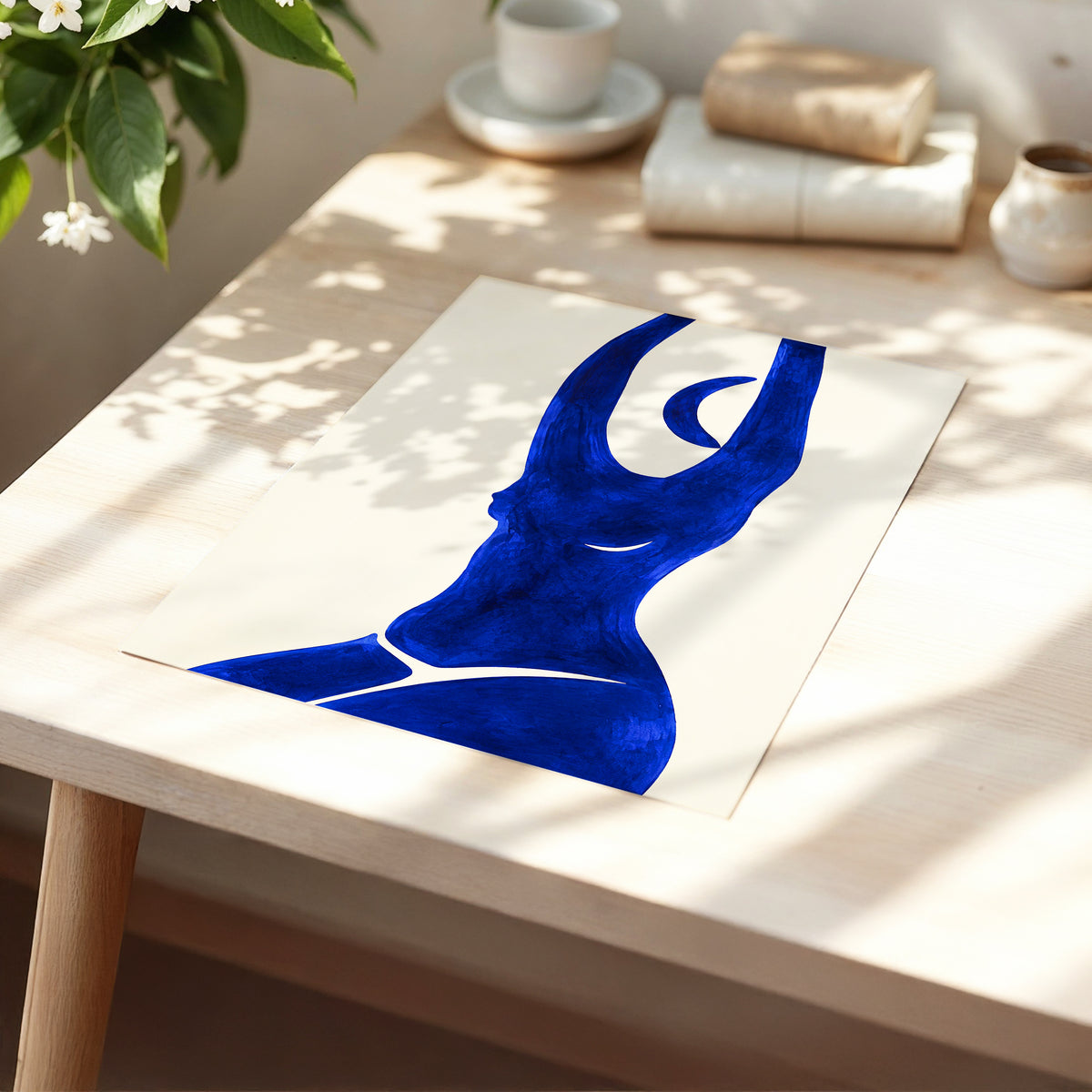 Cobalt in Motion, blue, beige, yellow abstract wall art displayed in a styled interior, gallery view 5
