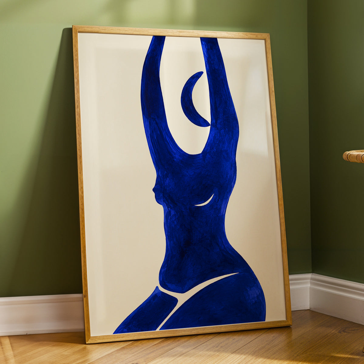 Cobalt in Motion, blue, beige, yellow abstract wall art displayed in a styled interior, gallery view 6