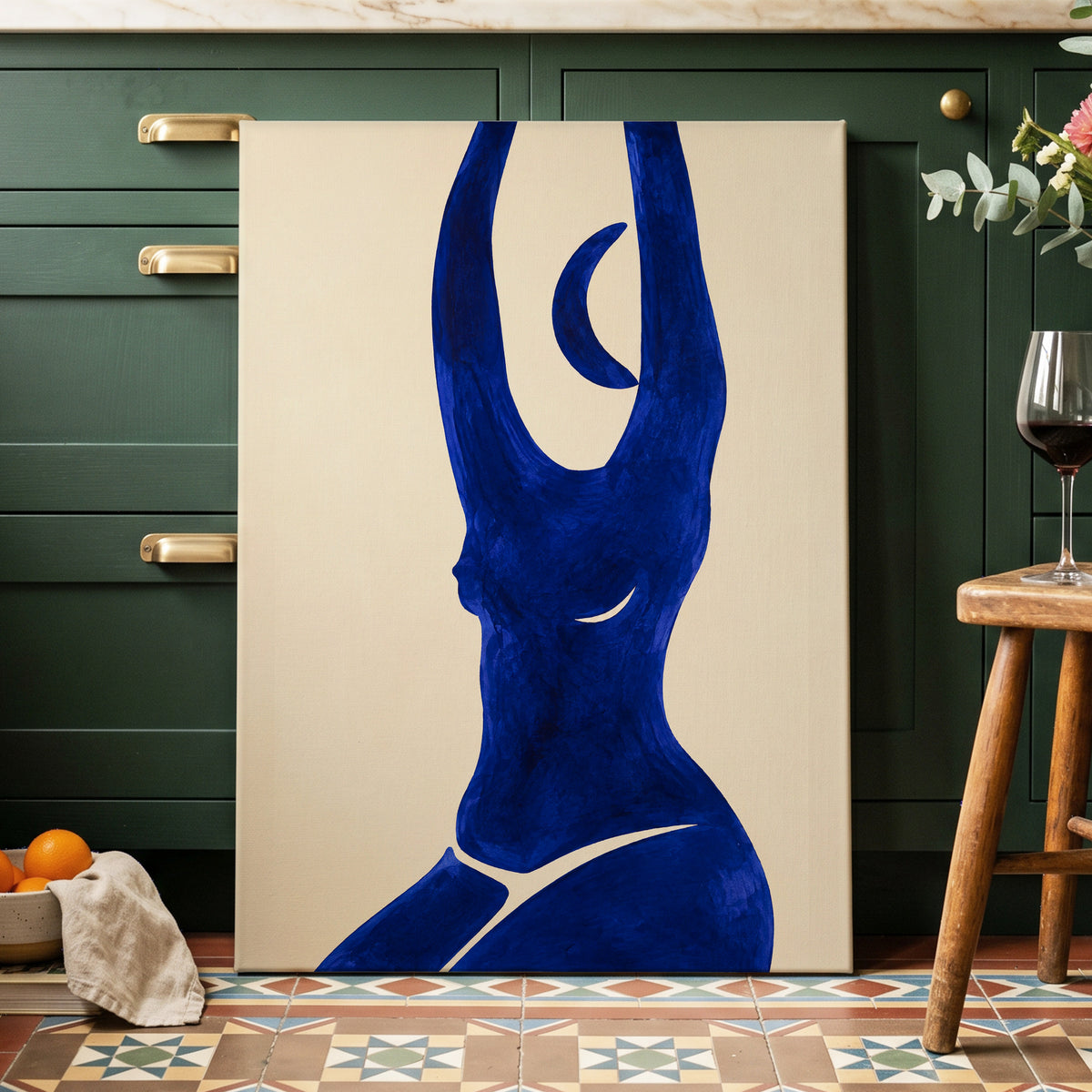 Cobalt in Motion, blue, beige, yellow abstract wall art displayed in a styled interior, gallery view 7