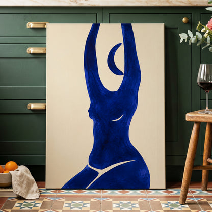 Cobalt in Motion, blue, beige, yellow abstract wall art displayed in a styled interior, gallery view 7