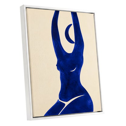 Cobalt in Motion, blue, beige, yellow abstract wall art shown as a white framed canvas wall art