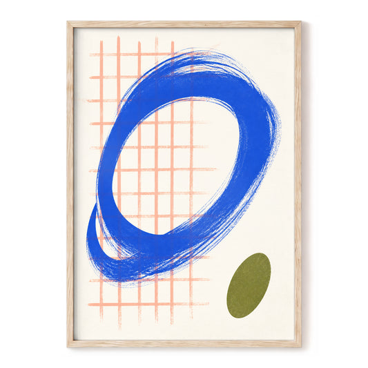 Cobalt Loop Grid, blue, beige, pink abstract wall art, front artwork view