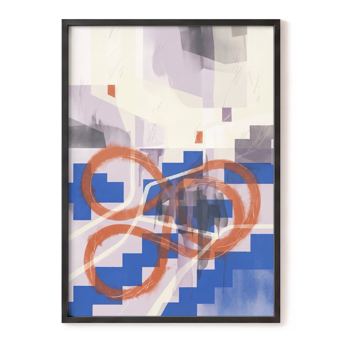 Cobalt Loops, blue, orange, purple abstract wall art, front artwork view