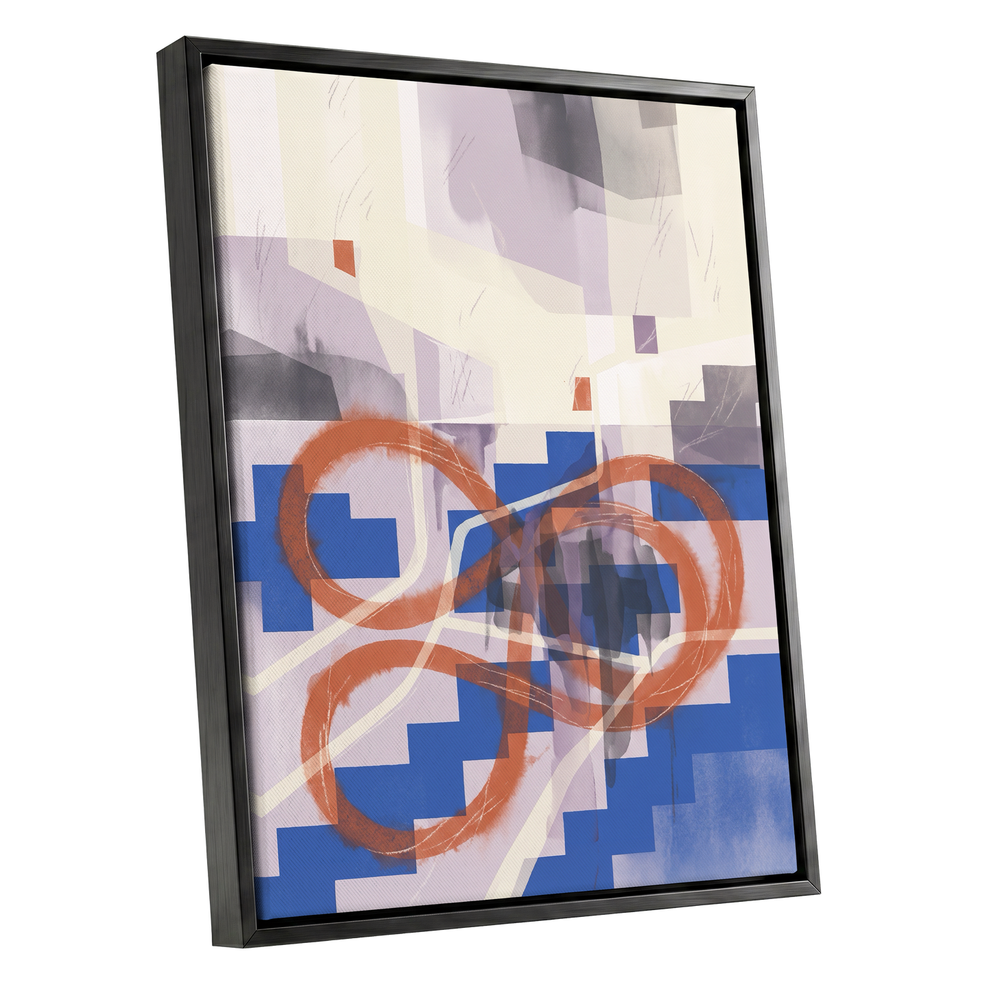 Cobalt Loops, blue, orange, purple abstract wall art shown as a black framed canvas wall art