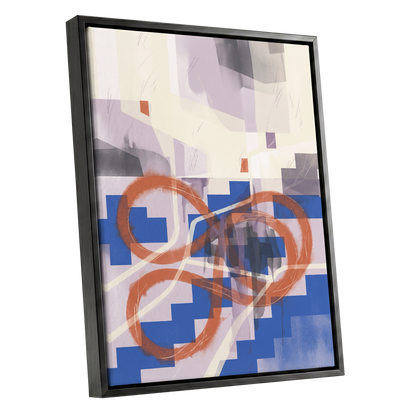 Cobalt Loops, blue, orange, purple abstract wall art shown as a black framed canvas wall art