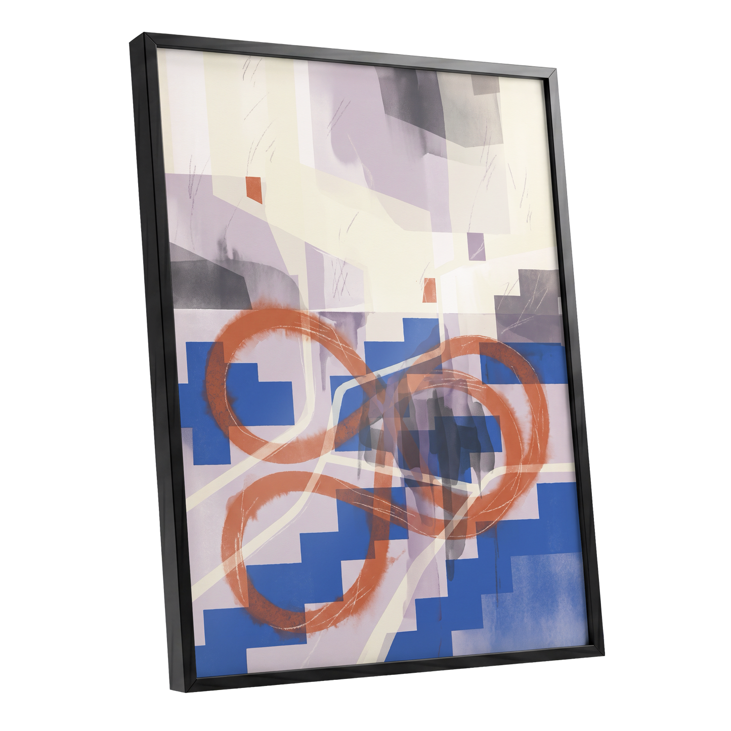 Cobalt Loops, blue, orange, purple abstract wall art shown as a black framed poster wall art print