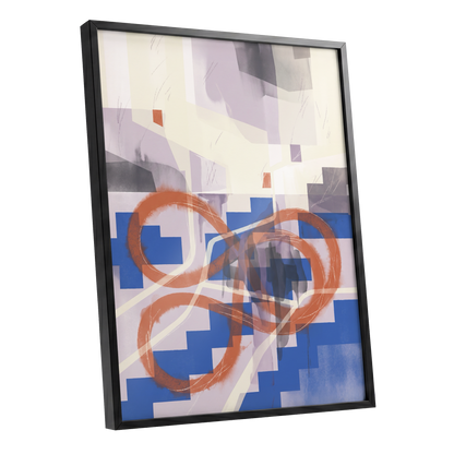 Cobalt Loops, blue, orange, purple abstract wall art shown as a black framed poster wall art print