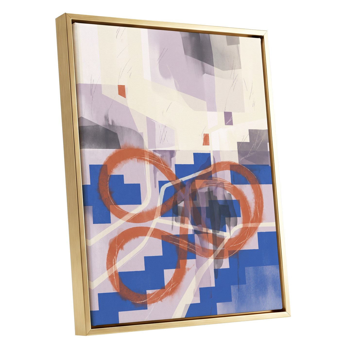 Cobalt Loops, blue, orange, purple abstract wall art shown as a gold framed canvas wall art