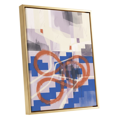 Cobalt Loops, blue, orange, purple abstract wall art shown as a gold framed canvas wall art
