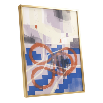 Cobalt Loops, blue, orange, purple abstract wall art shown as a gold framed poster wall art print