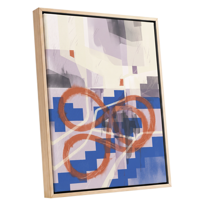 Cobalt Loops, blue, orange, purple abstract wall art shown as a oak framed canvas wall art