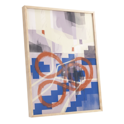 Cobalt Loops, blue, orange, purple abstract wall art shown as a oak framed poster wall art print