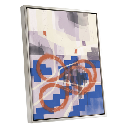 Cobalt Loops, blue, orange, purple abstract wall art shown as a silver framed canvas wall art