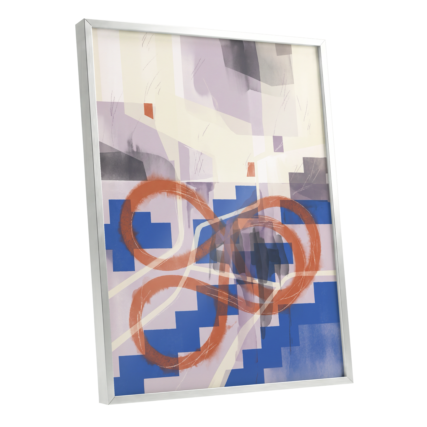 Cobalt Loops, blue, orange, purple abstract wall art shown as a silver framed poster wall art print