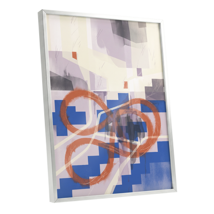 Cobalt Loops, blue, orange, purple abstract wall art shown as a silver framed poster wall art print