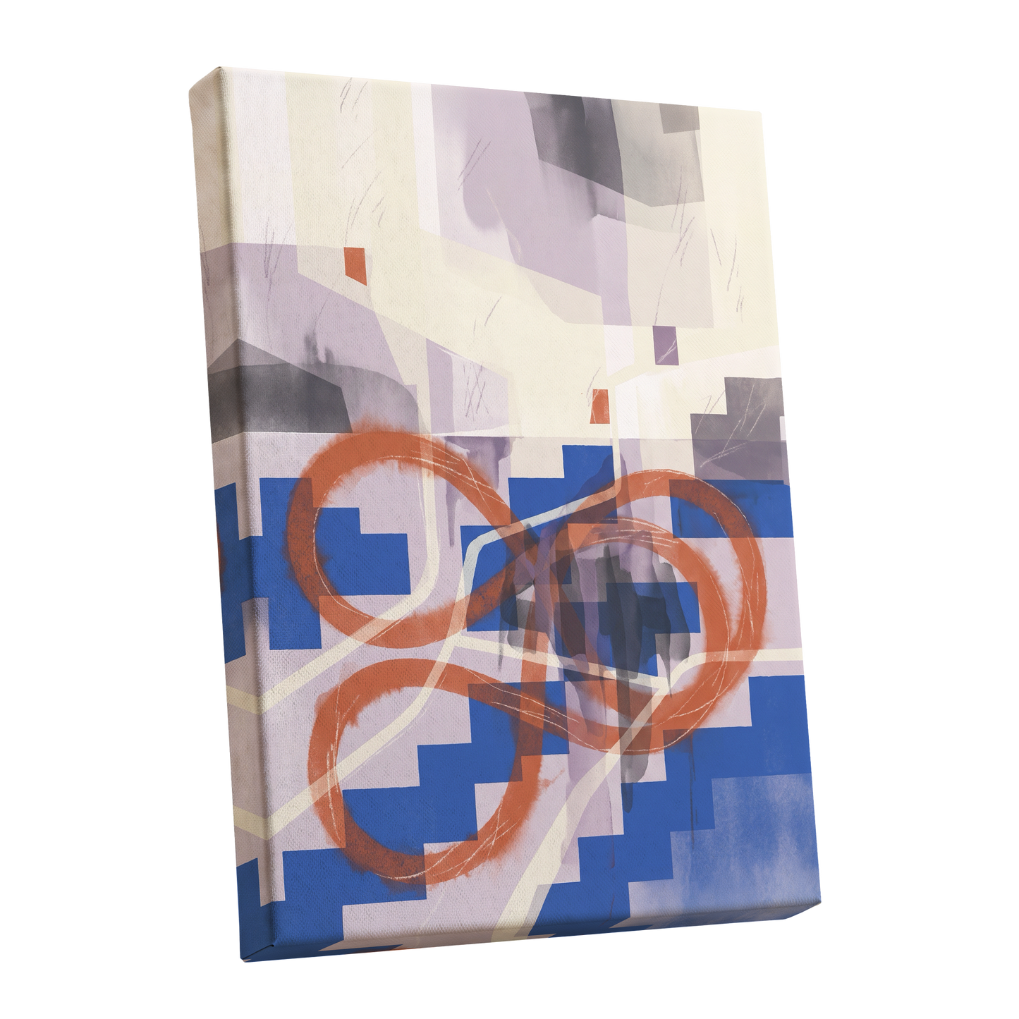 Cobalt Loops, blue, orange, purple abstract wall art shown as a stretched canvas wall art