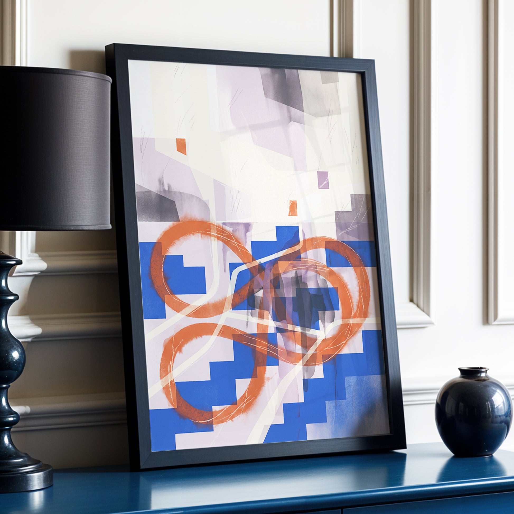 Cobalt Loops, blue, orange, purple abstract wall art displayed in a styled interior, gallery view 2