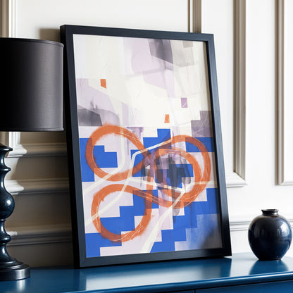 Cobalt Loops, blue, orange, purple abstract wall art displayed in a styled interior, gallery view 2