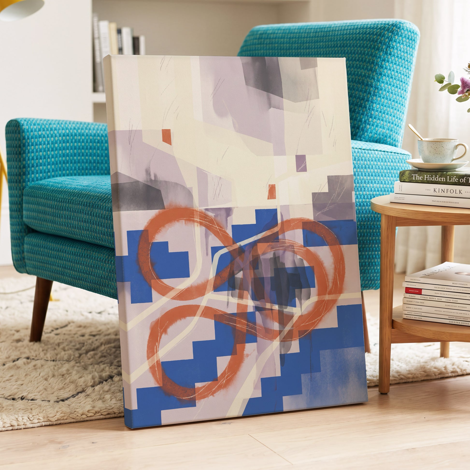 Cobalt Loops, blue, orange, purple abstract wall art displayed in a styled interior, gallery view 3