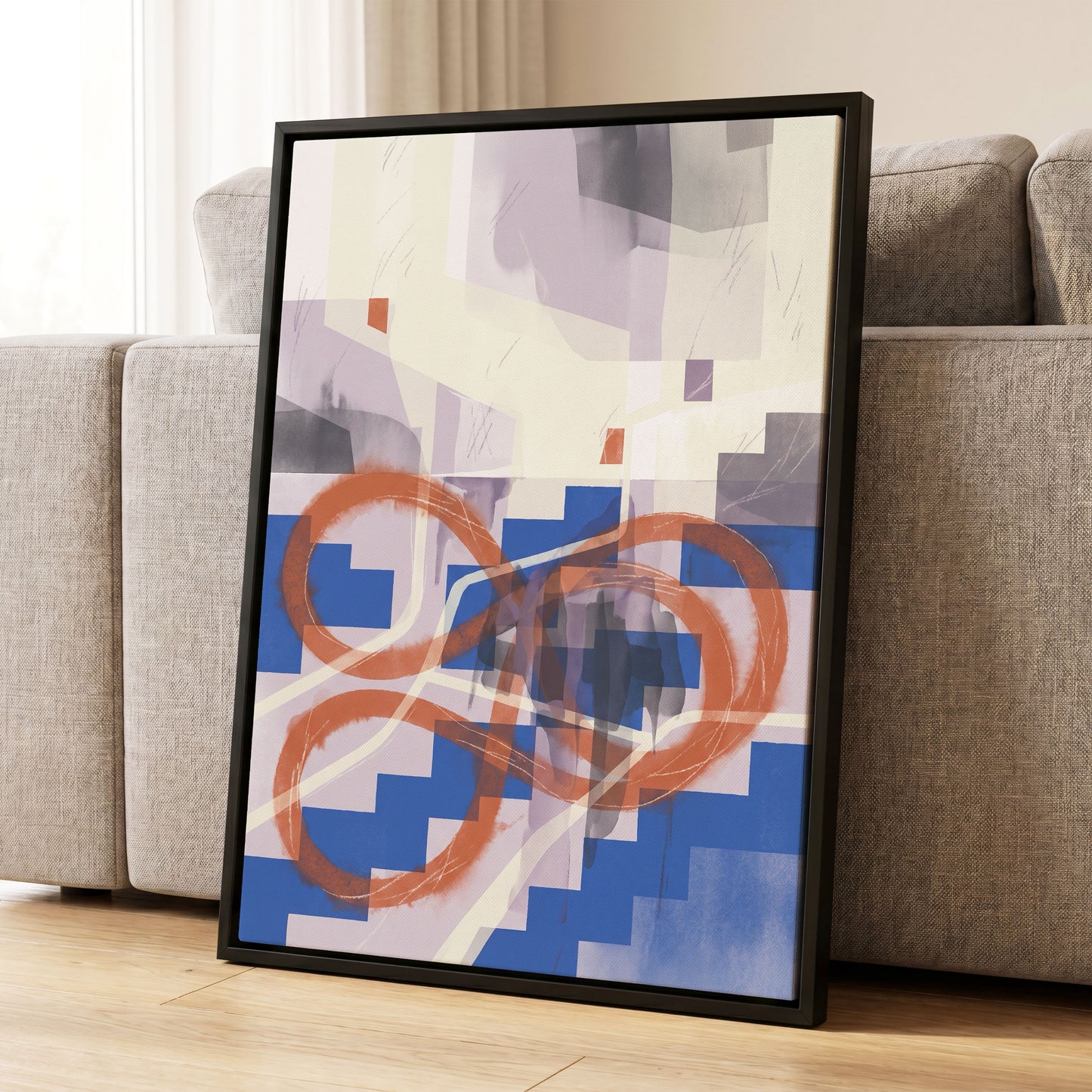 Cobalt Loops, blue, orange, purple abstract wall art displayed in a styled interior, gallery view 4