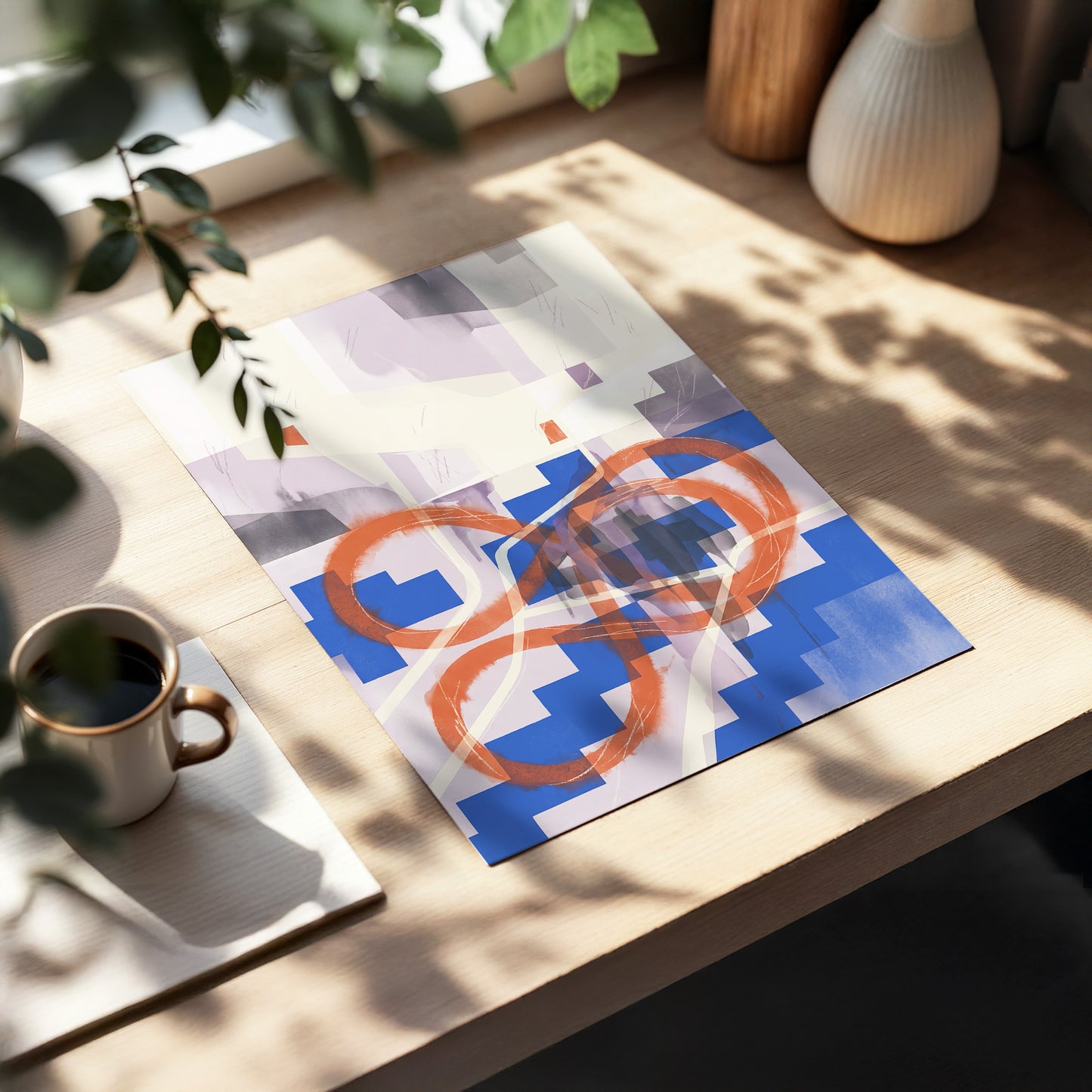 Cobalt Loops, blue, orange, purple abstract wall art displayed in a styled interior, gallery view 5