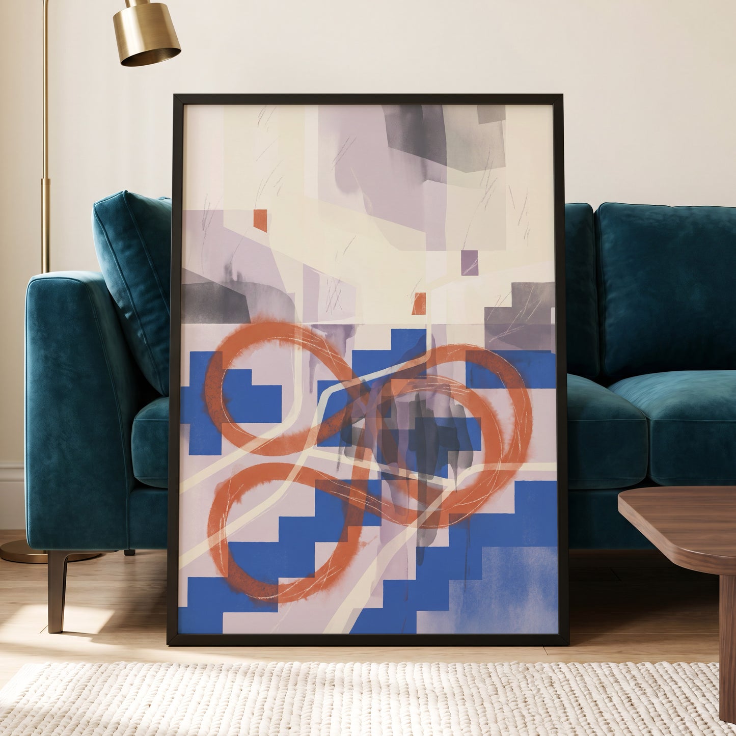 Cobalt Loops, blue, orange, purple abstract wall art displayed in a styled interior, gallery view 6