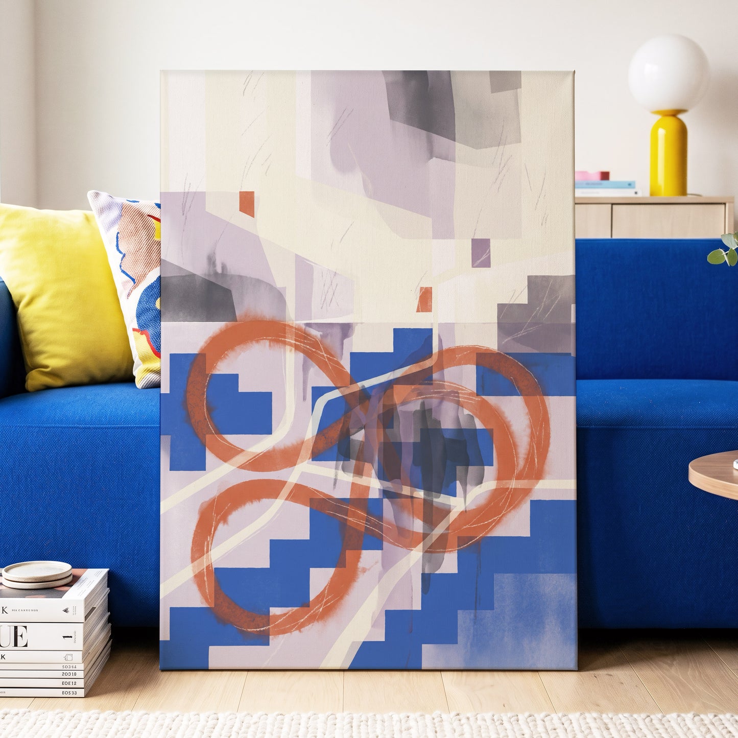 Cobalt Loops, blue, orange, purple abstract wall art displayed in a styled interior, gallery view 7