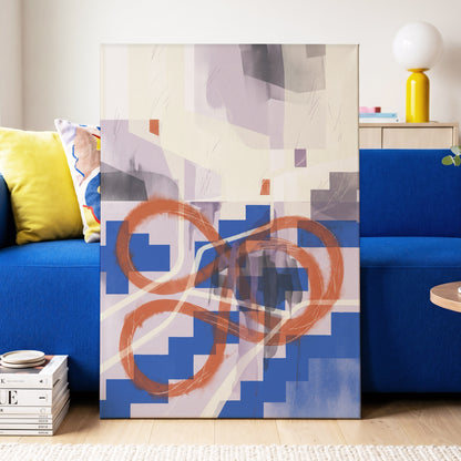 Cobalt Loops, blue, orange, purple abstract wall art displayed in a styled interior, gallery view 7