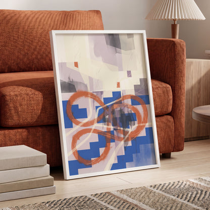 Cobalt Loops, blue, orange, purple abstract wall art displayed in a styled interior, gallery view 9