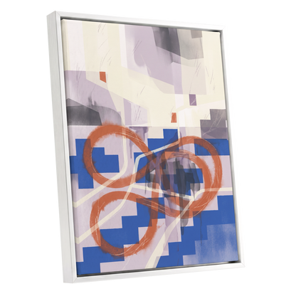 Cobalt Loops, blue, orange, purple abstract wall art shown as a white framed canvas wall art