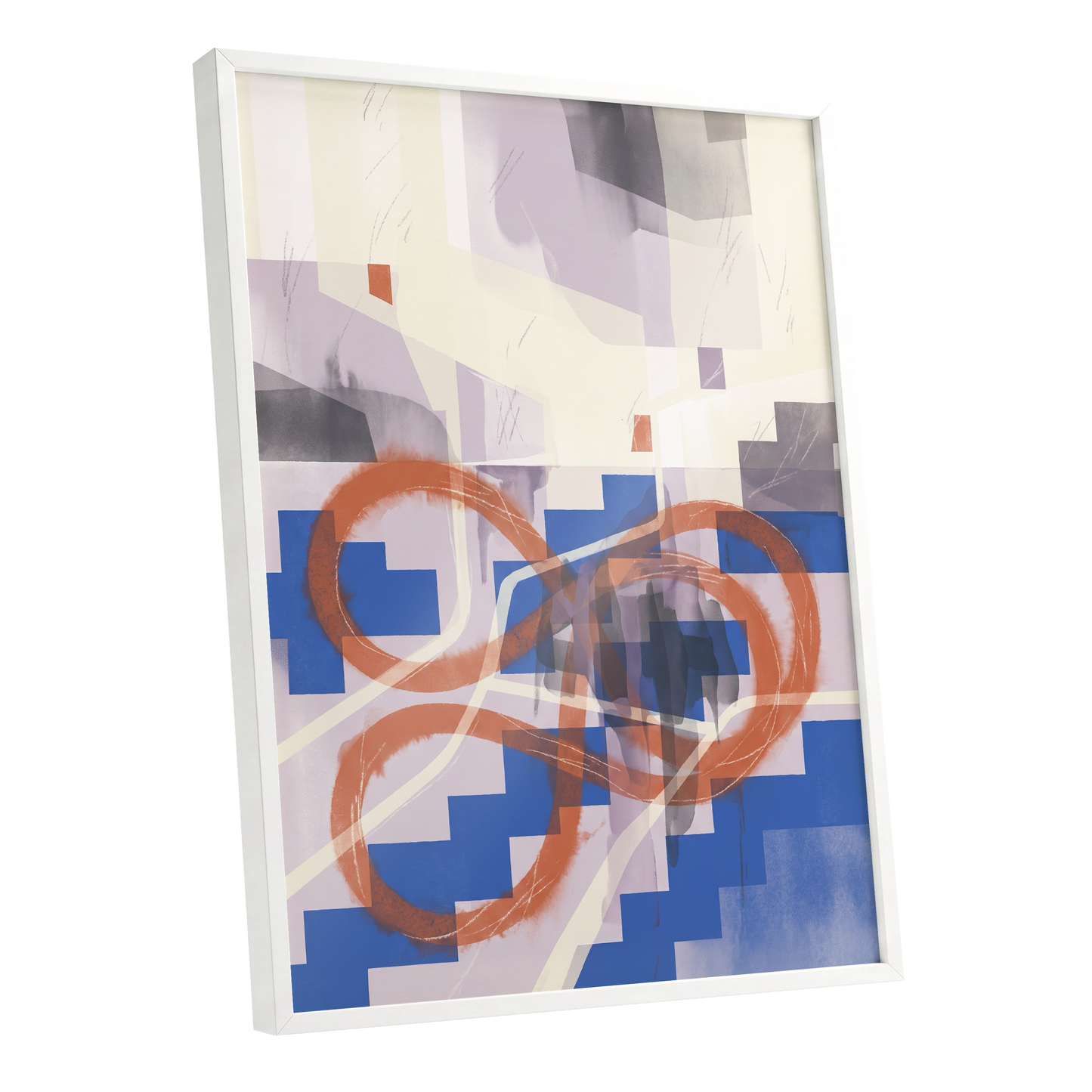 Cobalt Loops, blue, orange, purple abstract wall art shown as a white framed poster wall art print