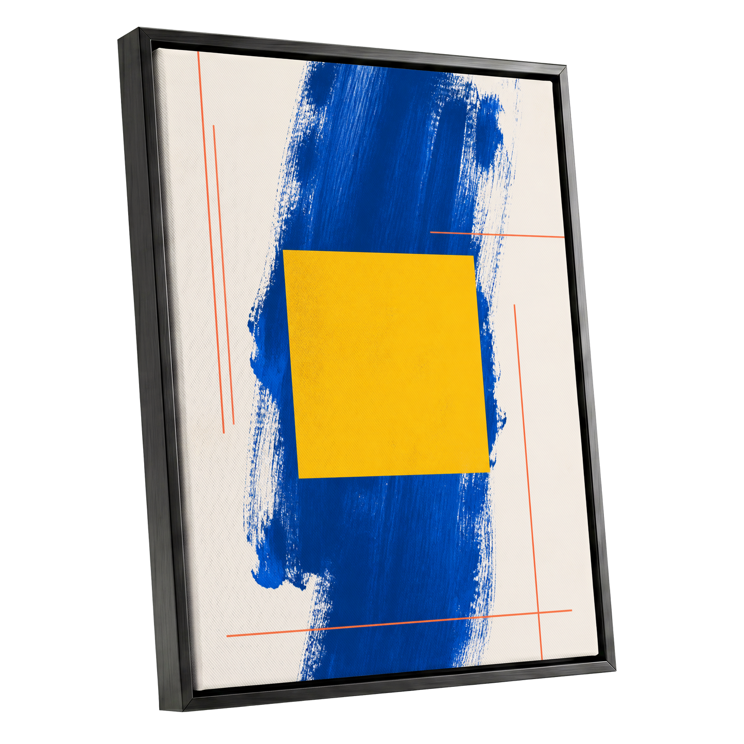 Cobalt Measure, blue, yellow, beige abstract wall art shown as a black framed canvas wall art