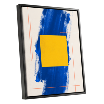 Cobalt Measure, blue, yellow, beige abstract wall art shown as a black framed canvas wall art