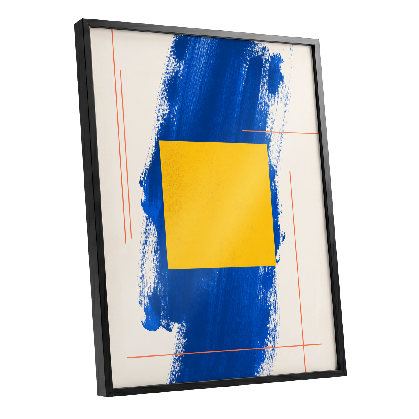 Cobalt Measure, blue, yellow, beige abstract wall art shown as a black framed poster wall art print