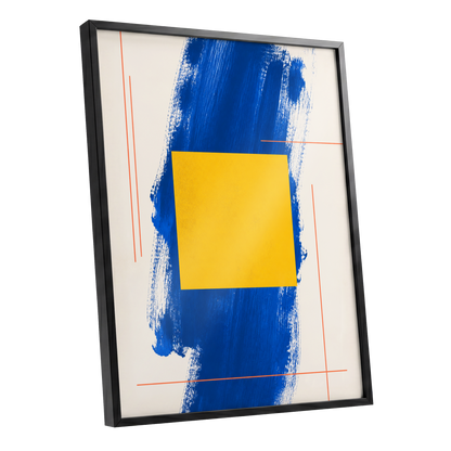 Cobalt Measure, blue, yellow, beige abstract wall art shown as a black framed poster wall art print