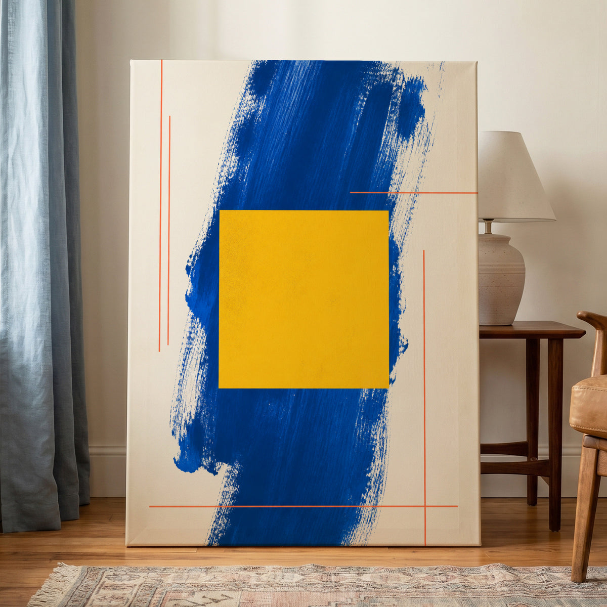 Cobalt Measure, blue, yellow, beige abstract wall art on canvas displayed in a styled interior, gallery view 1