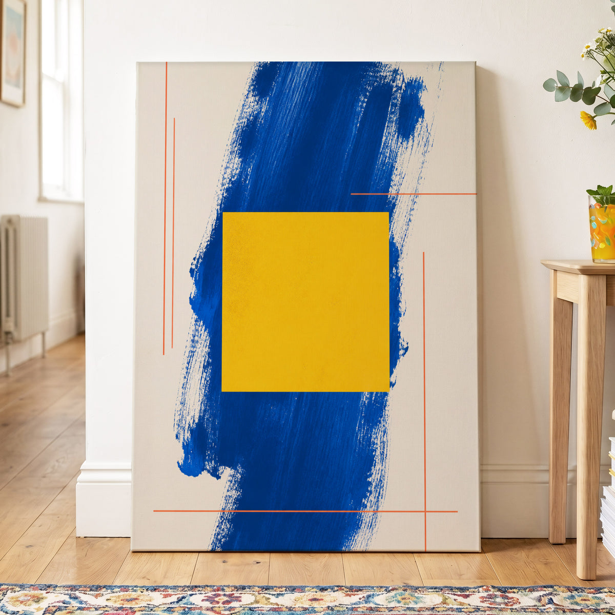 Cobalt Measure, blue, yellow, beige abstract wall art on canvas displayed in a styled interior, gallery view 2