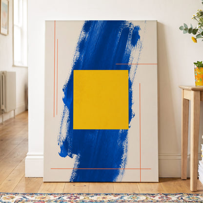 Cobalt Measure, blue, yellow, beige abstract wall art on canvas displayed in a styled interior, gallery view 2
