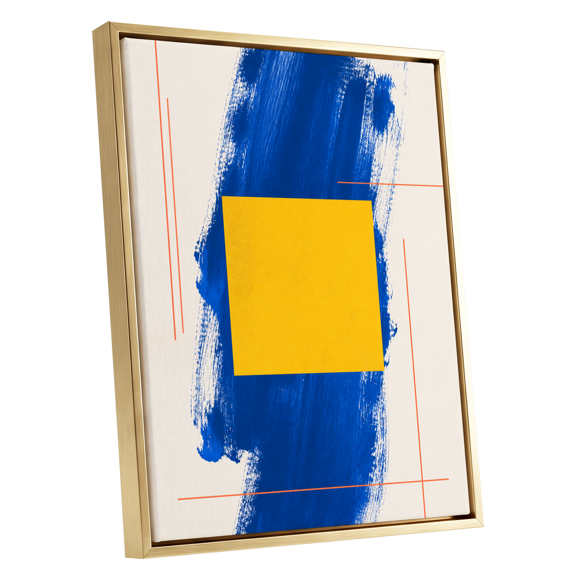 Cobalt Measure, blue, yellow, beige abstract wall art shown as a gold framed canvas wall art