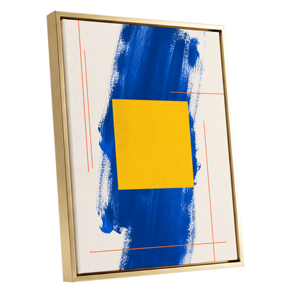 Cobalt Measure, blue, yellow, beige abstract wall art shown as a gold framed canvas wall art